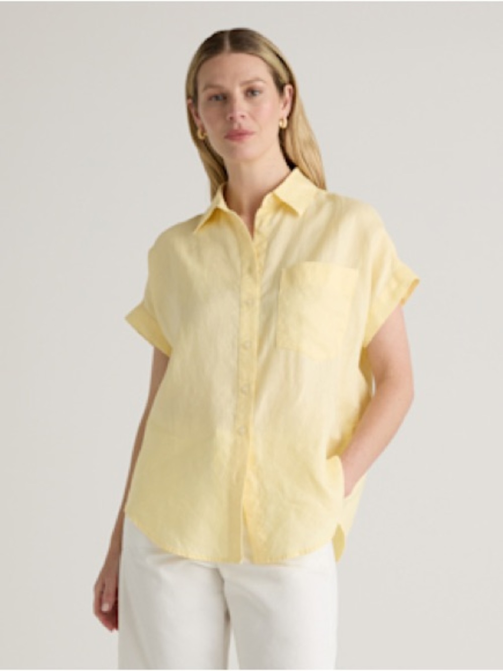 Quince Butter Yellow Short-Sleeve Linen Button-Front Shirt